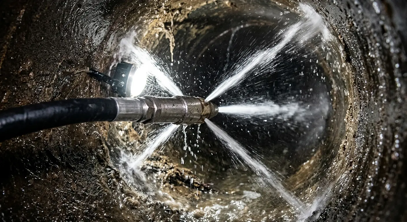 High-pressure hydro jetting nozzle cleaning sewer pipe for Trenchless Sewer Repair in Brambleton