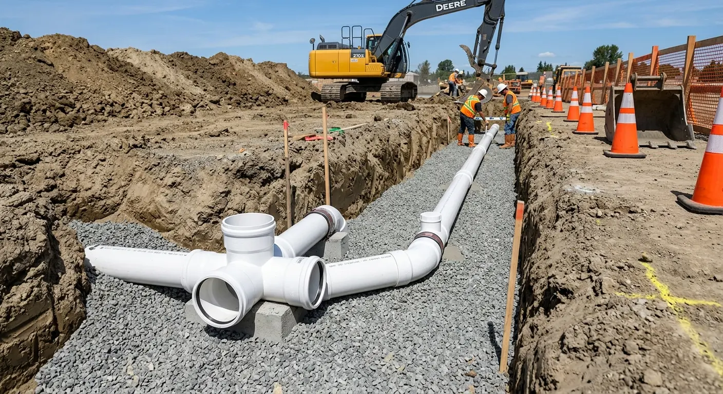 New PVC sewer pipe installation in open trench for Sewer Backup in Brambleton