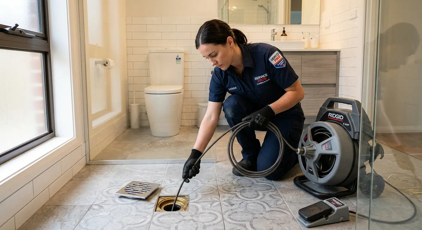 Technician clearing a bathroom floor drain for Drain Cleaning in Brambleton